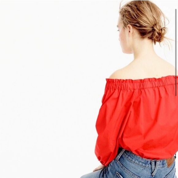 J.Crew Red Poplin Off the Shoulder Top Size 8 - Picture 2 of 7